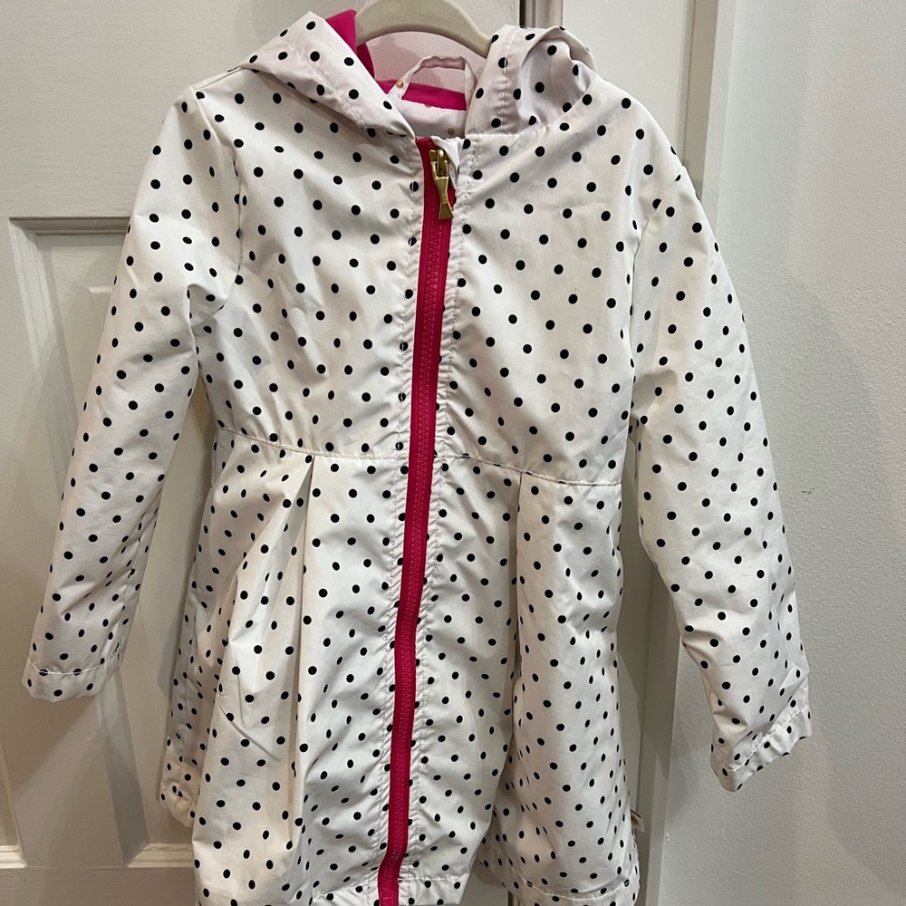 NEW Kate Spade Hooded White Rain Jacket with Black and Gold Polka Dots